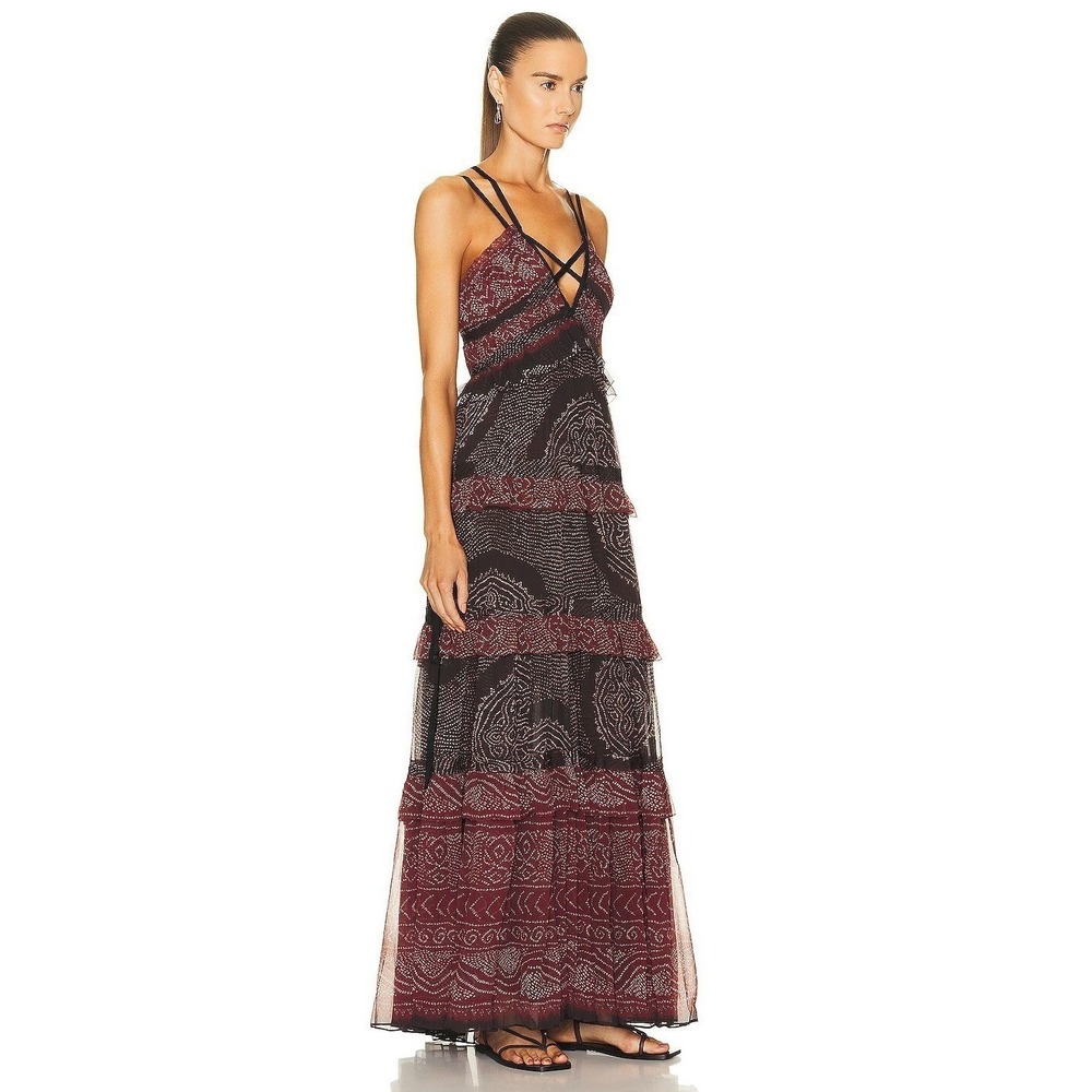 Ulla Johnson Agathe Gown Garnet Silk Crinkle Chiffon Tiered‎ Maxi Dress Size 4 - Picture 4 of 13